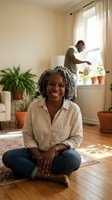 Happy African American senior woman sitting cross-legged on wooden floor at home with man gardening by window in bright living room with plants.