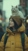 Young woman in yellow winter jacket and knit hat with white cat sitting on her head, smiling while walking city street on moody autumn day.