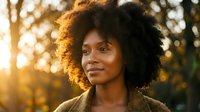 Young African American woman with natural curly afro hair smiling warmly in golden sunset light outdoors for lifestyle and wellness content.