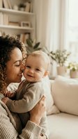 Mixed race mother holding smiling baby in cozy living room with natural light streaming through window creating warm family moment at home.