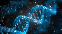 Glowing blue DNA strand with sparkles and particles on dark background, genetic research concept for medical and scientific visualization.