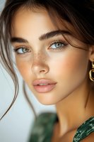 Close-up portrait of young Mediterranean woman with freckles, green eyes, and natural makeup wearing gold hoop earrings against light background.
