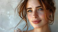 Young Caucasian woman with messy auburn hair and blue eyes smiling gently against blurred background. Natural makeup, soft lighting creates dreamy atmosphere.