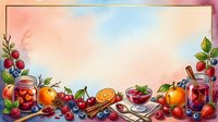 Colorful fruit beverages and fresh berries arranged with citrus slices, cinnamon sticks, and herbs on soft watercolor background. Perfect for food and drink design projects.