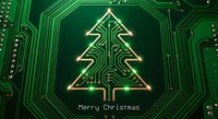 Green circuit board with glowing golden Christmas tree design made from electronic pathways and components for holiday tech greeting cards.