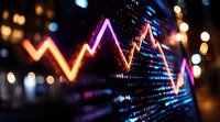 Glowing stock market chart with neon pink and blue lines against dark background with bokeh lights, showing financial data and market trends analysis.