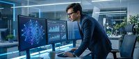 Professional businessman analyzing complex data visualization and neural network graphics on dual monitors in modern corporate office environment.