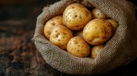 Fresh organic potatoes in rustic burlap sack on dark wooden background, farm harvest vegetables with natural earthy texture and warm lighting.
