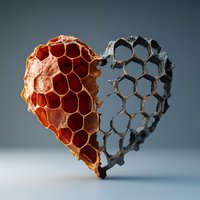 Heart-shaped honeycomb structure split between warm golden honey-filled cells and cool empty metallic framework on gradient background.