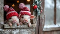 Two adorable piglets wearing red knitted winter hats peek over wooden fence in cozy holiday barn setting with warm bokeh lights and festive decorations.