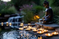 Bronze Buddha statue in meditation pose by garden pond with glowing candles floating on water, creating peaceful zen atmosphere in evening light.