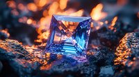 Square cut blue gemstone on dark rocky surface with glowing orange fire bokeh background creates magical mystical atmosphere for luxury jewelry advertising.