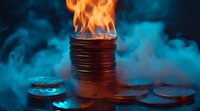 Stack of coins burning with bright orange flames against dark background with dramatic blue smoke, symbolizing financial crisis and money loss.