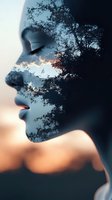 Creative double exposure portrait of woman's profile with forest silhouette and sunset sky, representing harmony between human and nature.
