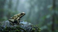 Small spotted frog sitting on wet rock in misty forest environment with soft natural lighting and blurred green background for wildlife photography.