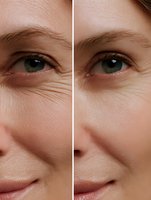 Before and after comparison showing facial skin transformation with reduced wrinkles and smoother texture around green eyes and smile area.