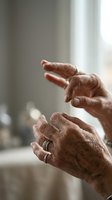 Elderly hands with wrinkled skin and wedding rings reaching toward each other in soft natural light conveying connection, love, and human touch.