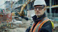 Caucasian male construction supervisor wearing hardhat, safety vest and glasses at building site with heavy machinery and urban development in background.