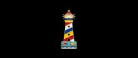 Colorful striped lighthouse with red, yellow, and blue bands isolated on transparent background. Ready for t-shirt designs, clipart, stickers, print-on-demand products, and sublimation projects.