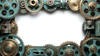 Vintage steampunk mechanical gears and cogs frame border on white background. Industrial machinery parts create decorative border for design projects.