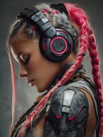 Young woman with pink braided hair wearing futuristic headphones and cyberpunk armor, profile view against dark background.
