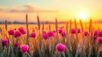Golden wheat field with vibrant pink wildflowers at dramatic sunset. Rural landscape showing ripe cereal crops and blooming cornflowers against orange sky.