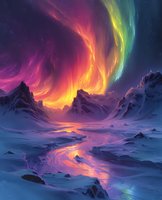 Spectacular northern lights aurora borealis over snowy mountain landscape with colorful sky reflection in frozen river, perfect for travel websites, nature magazines and wall art designs.