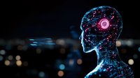 Futuristic artificial intelligence concept showing translucent human head profile with glowing circuit patterns and neural connections on dark background with bokeh lights.