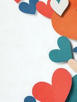 Paper hearts in coral, teal and white creating border frame on white background, romantic design elements for valentines cards and love messages.
