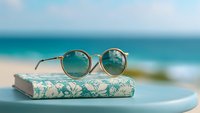 Round gold-framed sunglasses resting on floral pattern book against blurred tropical beach background, creating relaxing summer vacation atmosphere.