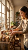 Woman artisan arranging handmade soap bars on wooden table near sunlit window in home studio workshop with plants and shelves.