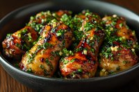Glazed chicken drumsticks with honey soy marinade garnished with fresh chopped herbs and green onions in cast iron pan on wooden table, close up food photography.