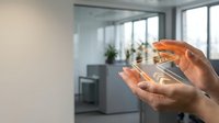 Smart home automation control with hands holding glowing house hologram in modern office interior for IoT technology and digital lifestyle solutions.