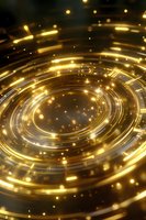 Glowing golden circular light trails with sparkling particles create dynamic spiral motion effect against dark background, suitable for tech and luxury designs.
