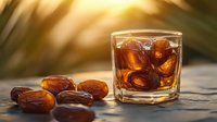Fresh dates soaking in glass of water with golden sunlight streaming through window, scattered whole dates on rustic wooden surface. Natural food preparation.