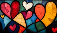 Colorful stained glass style hearts in vibrant red, orange, yellow and blue tones against dark background create modern abstract mosaic pattern for love themes.