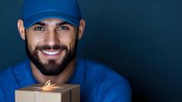 Smiling delivery person in blue uniform holding brown cardboard package against dark background. Professional courier service concept.