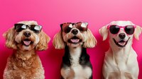 Three happy dogs wearing sunglasses posing against pink background, smiling and looking at camera. Playful pets portrait showing personality and style.