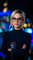 Professional blonde businesswoman wearing glasses with arms crossed against colorful city lights bokeh background at night for corporate presentations.