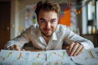 Young Caucasian businessman analyzing stock market charts and financial data with confident smile, wearing white shirt in office environment. Perfect for finance and investment concepts.