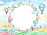 Whimsical watercolor landscape frame with hot air balloons, pastel trees and clouds on white background for children design projects.