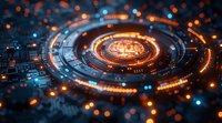 Futuristic glowing orange and blue circular technology pattern with digital elements and bokeh effects, perfect for cryptocurrency, blockchain or AI concepts.