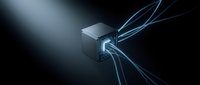 Microprocessor with glowing blue data streams flowing outward on dark background, representing digital technology, artificial intelligence, and computing power for tech concepts.