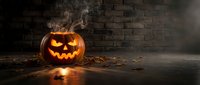 Carved jack-o-lantern pumpkin with glowing face against dark brick wall, surrounded by autumn leaves, creating spooky Halloween atmosphere for seasonal decorations and holiday designs.