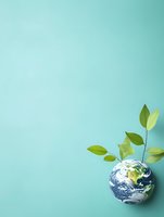 Green plant growing from Earth globe on mint background symbolizing environmental conservation, sustainability and global ecological awareness.