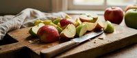 Fresh red and green apples sliced on rustic wooden cutting board with knife in warm kitchen lighting for healthy cooking and food preparation.