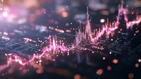 Glowing pink financial chart visualization with bokeh light effects showing market data analysis on dark background with depth of field blur effect.