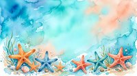 Watercolor ocean background with colorful starfish, seashells, and seaweed on sandy shore, teal and coral tones, copy space for text.