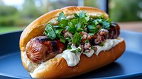 Grilled sausage in toasted bun topped with fresh herbs and creamy sauce, served on blue plate with natural outdoor lighting and shallow depth of field.