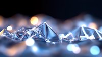 Futuristic polygonal surface with glowing bokeh lights and metallic blue reflections creates modern technological landscape against dark background.